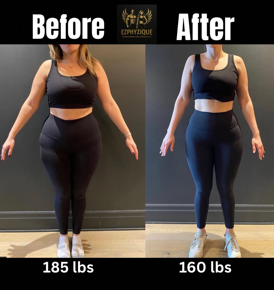 Female client transformation — 185 lbs to 160 lbs