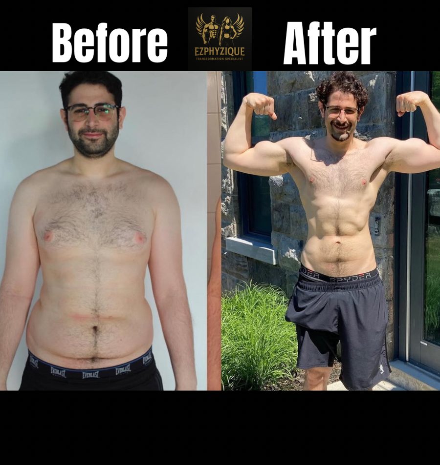 Kareem's transformation — 233 lbs 32.2% body fat to 202 lbs 13.1% body fat